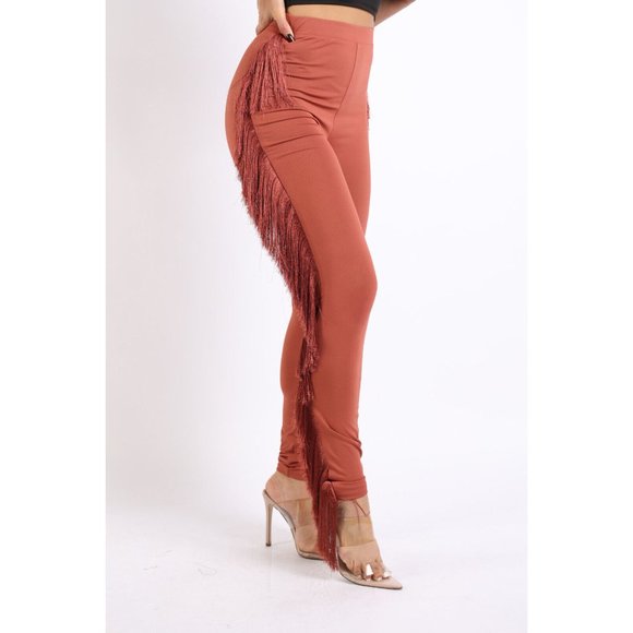 Women's Casual Side Fringe Tassel Detailed Elastic Waist Skinny Long Leggings - Picture 9 of 11